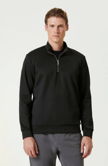 Unisex Uzun Kol Yarım Farmuarlı Yakalı Basic SweatShirt - Siyah resmi