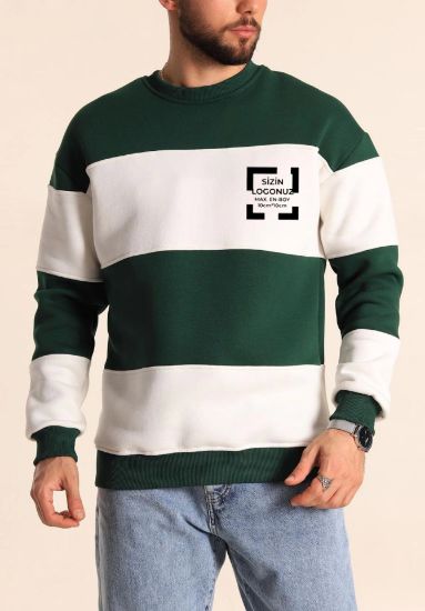 Bisiklet Yaka Parçalı Özel Üretim Sweatshirt- Yeşil resmi
