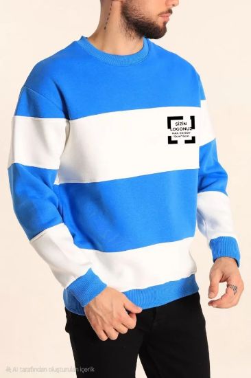 Bisiklet Yaka Parçalı Özel Üretim Sweatshirt- Mavi resmi