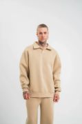 Unisex Double Oversize Patlı Yaka SweatShirt - Bej resmi