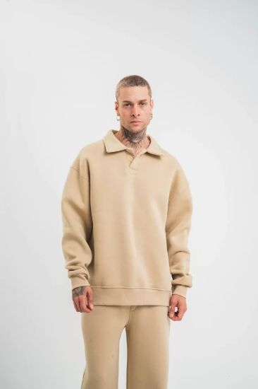 Unisex Double Oversize Patlı Yaka SweatShirt - Bej resmi