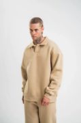 Unisex Double Oversize Patlı Yaka SweatShirt - Bej resmi