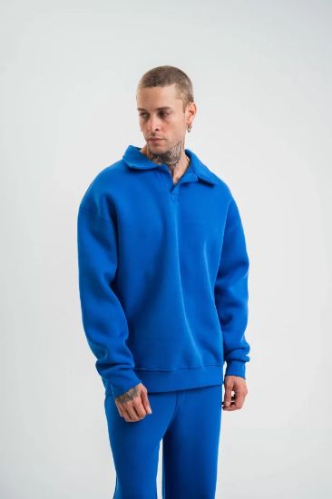 Unisex Double Oversize Patlı Yaka  SweatShirt - Mavi resmi