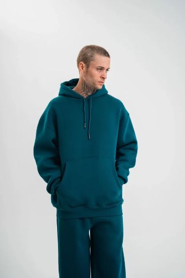 Unisex Double Oversize Kapşonlu Basic SweatShirt - Koyu Deniz Yeşili resmi