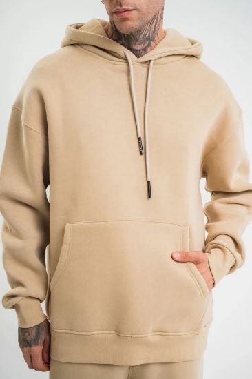 Unisex Double Oversize Kapşonlu Basic SweatShirt - Bej resmi