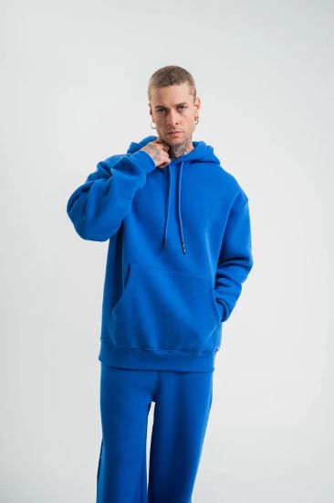 Unisex Double Oversize Kapşonlu Basic SweatShirt - Mavi resmi