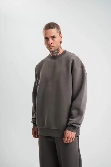Uzun Kol Bisiklet Yaka Basic SweatShirt - Füme resmi