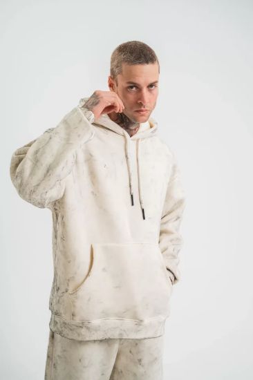 Unisex Double Oversize Kapşonlu Yıkamalı SweatShirt - Krem resmi