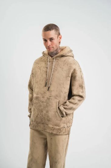 Unisex Double Oversize Kapşonlu Yıkamalı SweatShirt - Bej resmi