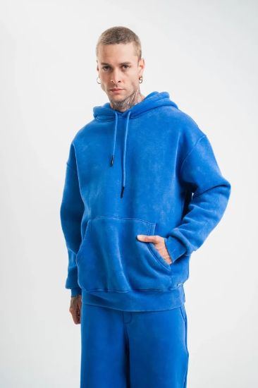Unisex Double Oversize Kapşonlu Yıkamalı SweatShirt - Mavi resmi