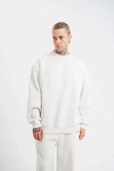 Unisex Uzun Kol Bisiklet Yaka Yıkamalı SweatShirt - Beyaz resmi