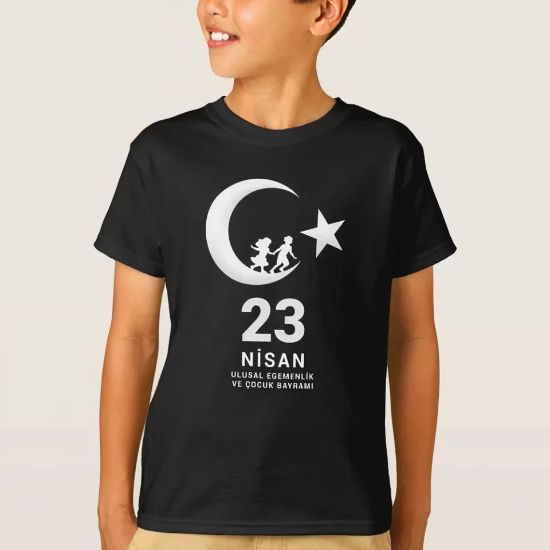 23 Nisan Çocuk Bayramı Baskılı Özel T-shirt - Siyah resmi