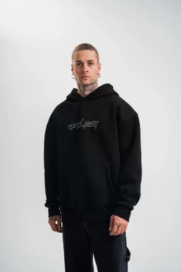 Unisex Üç İplik Kapşonlu Nakışlı SweatShirt - Siyah resmi