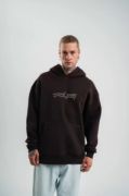 Unisex Üç İplik Kapşonlu Nakışlı SweatShirt - Kahve resmi