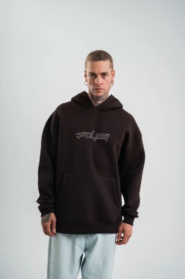 Unisex Üç İplik Kapşonlu Nakışlı SweatShirt - Kahve resmi