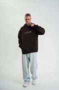 Unisex Üç İplik Kapşonlu Nakışlı SweatShirt - Kahve resmi