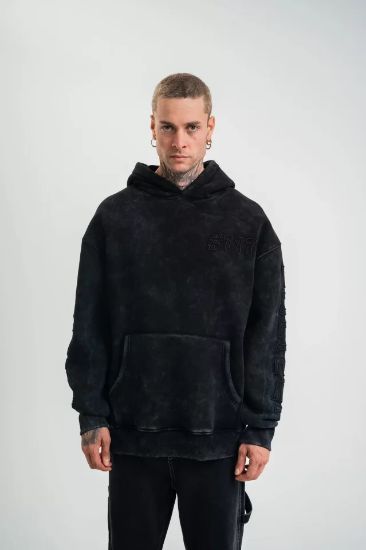 Kapşonlu Double Oversize Yıkamalı Evalı Nakışlı SweatShirt - Siyah resmi