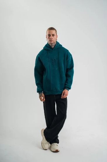 Unisex Uzun Kol Kapşonlu Yıkamalı Nakışlı SweatShirt - Koyu Deniz Yeşili resmi