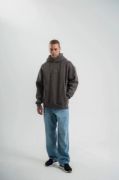 Unisex Uzun Kol Kapşonlu Yıkamalı Nakışlı SweatShirt - Füme resmi