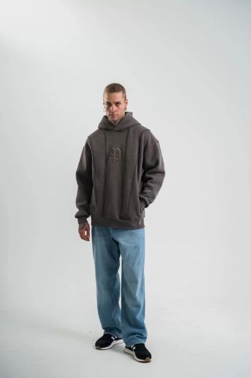 Unisex Uzun Kol Kapşonlu Yıkamalı Nakışlı SweatShirt - Füme resmi