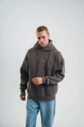 Unisex Uzun Kol Kapşonlu Yıkamalı Nakışlı SweatShirt - Füme resmi