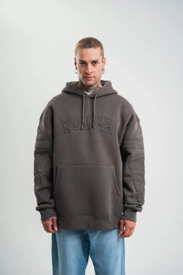 Double Oversize Kapşonlu Nakışlı SweatShirt - Füme resmi