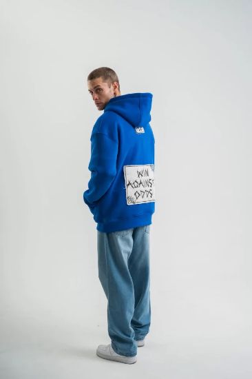 Unisex Kapşonlu Uzun Kol Patchli Nakışlı SweatShirt - Mavi resmi