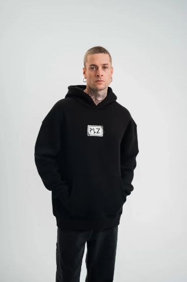Unisex Kapşonlu Uzun Kol Patchli Nakışlı SweatShirt  - Siyah resmi