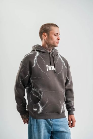 Double Oversize Kapşonlu Şimşek Pano Baskılı SweatShirt - Füme resmi