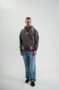 Double Oversize Kapşonlu Şimşek Pano Baskılı SweatShirt - Füme resmi