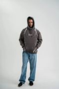 Double Oversize Kapşonlu Şimşek Pano Baskılı SweatShirt - Füme resmi