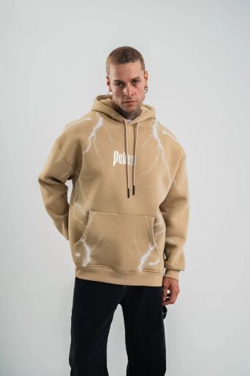Double Oversize Kapşonlu Şimşek Pano Baskılı SweatShirt - Bej resmi