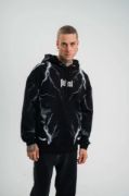 Double Oversize Kapşonlu Şimşek Pano Baskılı SweatShirt - Siyah resmi
