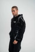 Double Oversize Kapşonlu Şimşek Pano Baskılı SweatShirt - Siyah resmi