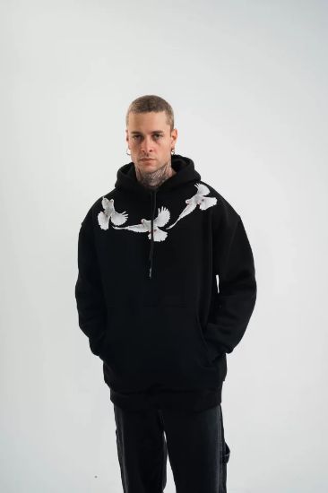 Unisex Uzun Kol Bisiklet Yaka Yıkamalı SweatShirt - Siyah resmi