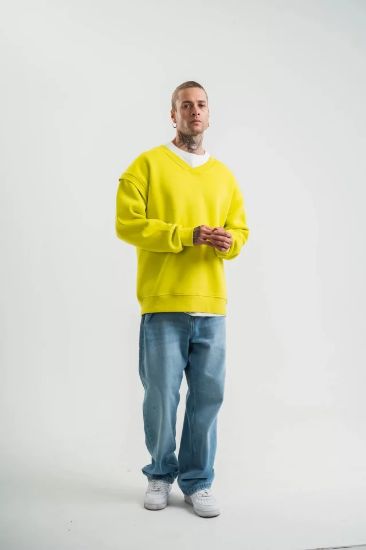Geniş V Yaka Kol Ribana Detaylı SweatShirt - Sarı resmi