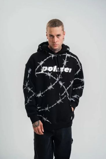 POLIZEI Premium Kalite Kapşonlu Varak Ve Pano Baskılı SweatShirt - Siyah resmi