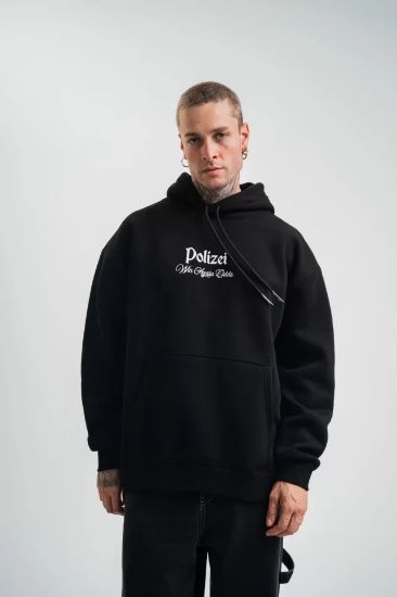 POLIZEI Premium Kalite Kapşonlu Dijital Patchli SweatShirt - Siyah resmi