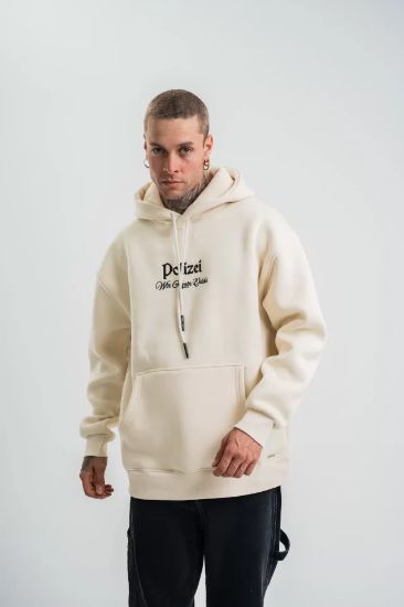 POLIZEI Premium Kalite Kapşonlu Dijital Patchli SweatShirt - Krem resmi