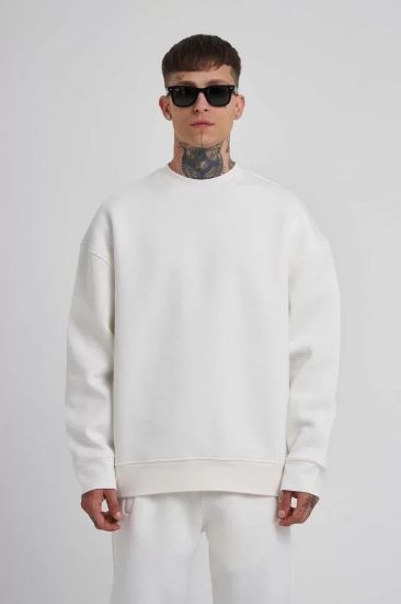 Unisex Biskilet Yaka Üç İplik SweatShirt - Beyaz resmi