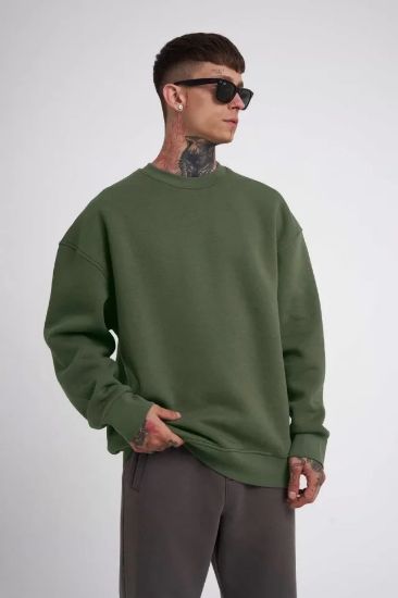 Unisex Biskilet Yaka Üç İplik SweatShirt - Haki resmi