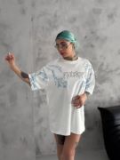 Unisex Bisiklet Yaka Baskılı Oversize T-Shirt - Beyaz resmi