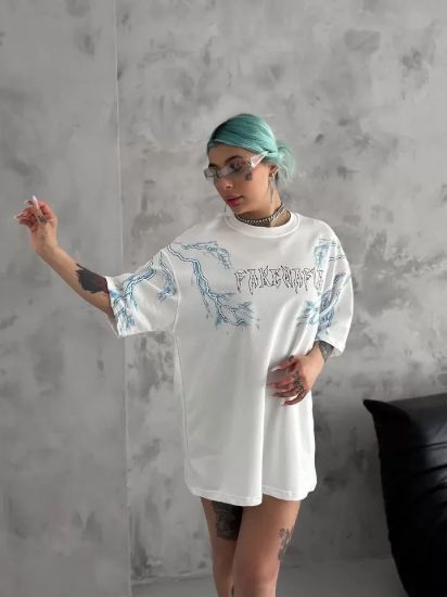 Unisex Bisiklet Yaka Baskılı Oversize T-Shirt - Beyaz resmi