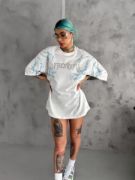 Unisex Bisiklet Yaka Baskılı Oversize T-Shirt - Beyaz resmi