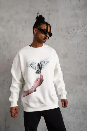 Erkek Güvercin Baskılı Sweatshirt - Beyaz resmi