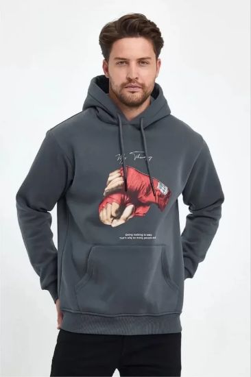 Unisex Kapüşonlu Üç İplik Oversize Baskılı Sweatshirt - Gri resmi