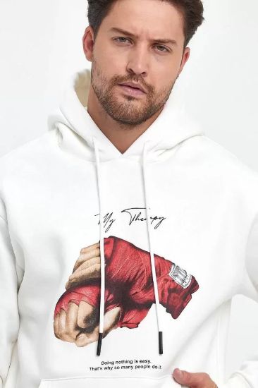 Unisex Kapüşonlu Üç İplik Oversize Baskılı Sweatshirt - Beyaz resmi