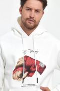 Unisex Kapüşonlu Üç İplik Oversize Baskılı Sweatshirt - Beyaz resmi