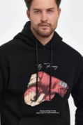 Unisex Kapüşonlu Üç İplik Oversize Baskılı Sweatshirt - Siyah resmi
