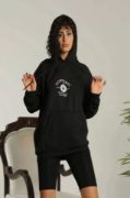 Unisex Kapüşonlu Üç İplik Oversize Baskılı Sweatshirt - Siyah resmi